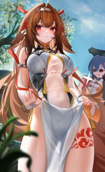 2girls absurdres belle_(delicate_sunlight)_(zenless_zone_zero) belle_(zenless_zone_zero) breasts brown_hair china_dress chinese_clothes cloud_print clover_hair_ornament commentary_request covered_navel cowboy_shot dress droopy_ears hair_ornament headband highres large_breasts leg_tattoo lifting_own_clothes multiple_girls pout red_eyes red_ribbon ribbon see-through_clothes sleeveless solo_focus sunglasses taking_picture tattoo underboob ushiko_xiansheng ye_shunguang zenless_zone_zero