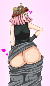 10s 1girl artist_request ass bare_shoulders blush boku_no_hero_academia butt_crack clothes_pull come_hither female_focus from_behind gloves hatsume_mei heart helmet highres huge_ass looking_at_viewer looking_back mooning naughty_face open_mouth pants pants_pull pink_hair shiny_skin short_hair smile solo turtleneck