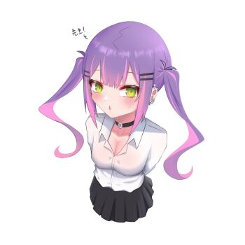 1girl arms_behind_back black_choker black_skirt blush breasts choker cleavage collarbone collared_shirt commentary dress_shirt ear_piercing fong_(fongthe0125) from_above green_eyes hair_ornament hairclip hashtag-only_commentary highres hololive long_hair looking_at_viewer looking_up medium_breasts multicolored_hair parted_lips piercing pink_hair pleated_skirt purple_hair shirt simple_background skirt solo streaked_hair sweat symbol-only_commentary tokoyami_towa translation_request twintails very_long_hair virtual_youtuber white_background white_shirt