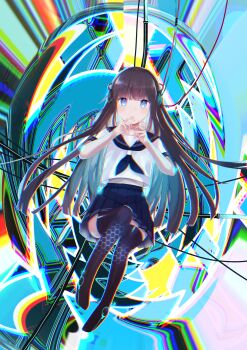 1girl abstract_background absurdres ai_(shining_nikki) artificial_intelligence bare_arms black_neckerchief black_sailor_collar black_skirt black_thighhighs blue_eyes blunt_bangs brown_hair cable chromatic_aberration colorful_background commentary_request expressionless floating full_body headphones heberere high-waist_skirt highres long_hair midriff miniskirt neckerchief nikki_(series) no_shoes outline own_hands_together parted_lips pleated_skirt sailor_collar school_uniform serafuku shining_nikki shirt short_sleeves skirt solo thighhighs very_long_hair white_outline white_shirt