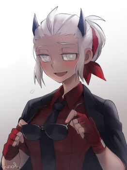 1girl :d absurdres artist_name black_jacket black_necktie blush commentary demon_girl fingerless_gloves gloves gradient_background grey_background hairband helltaker highres holding holding_removed_eyewear horns jacket jacket_on_shoulders justice_(helltaker) looking_at_viewer necktie noah_(tettsui-sole) open_mouth red_gloves red_hairband red_shirt shirt smile solo sunglasses unworn_eyewear upper_body white_eyes white_hair