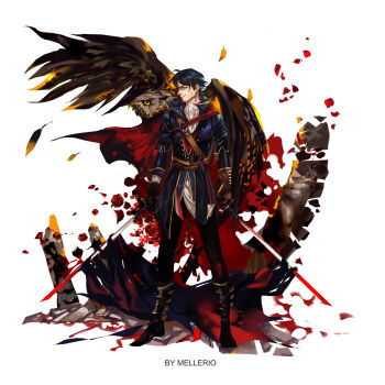 1boy adapted_costume alternate_costume bird blue_eyes boots ascot dc_comics dick_grayson dual_wielding full_body gloves highres holding male_focus melloria owl solo sword weapon