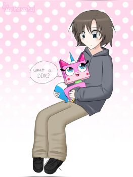 Rule 34 | 1boy, adam lanza, animification, artist name, bad id, bad tumblr id, black shoes, brown hair, brown pants, commentary, creature, crossover, dot nose, english commentary, english text, faux retro artstyle, gradient background, grey hoodie, highres, holding, holding creature, hood, hood down, hoodie, inactive account, invisible chair, linchevatel, long sleeves, looking down, looking up, male focus, outline, pants, pigeon-toed, pink background, polka dot, polka dot background, princess unikitty, puffy long sleeves, puffy sleeves, real life, shoes, short hair, sitting, solo, speech bubble, the lego group, the lego movie, two-tone background, unikitty! (series), untied shoelaces, white background, white outline