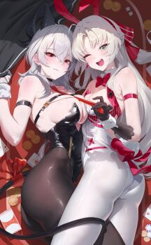 2girls :d absurdres alternate_costume animal_ear_hairband animal_ears arm_strap armpit_crease ass bare_shoulders black_choker black_gloves black_horns black_leotard black_pantyhose black_tail blush bow bowtie breasts card carlotta_(wuthering_waves) choker clothes_grab collar commentary curled_horns detached_collar earrings embarrassed fake_animal_ears fake_tail gloves hair_between_eyes hair_bow hairband highres horns jewelry key_earrings large_breasts leotard long_hair looking_at_viewer medium_breasts multiple_girls necktie necktie_grab neckwear_grab on_table one_eye_closed open_mouth pantyhose parted_lips pink_bow pink_bowtie playboy_bunny playing_card poker_chip poker_table rabbit_ear_hairband rabbit_ears rabbit_tail red_eyes red_necktie rkin smile strapless strapless_leotard striped_bow symbol-only_commentary table tail tail_around_another&#039;s_leg tail_wrap teeth thighs upper_teeth_only white_collar white_eyes white_hair white_leotard white_pantyhose white_wrist_cuffs wrist_cuffs wuthering_waves zani_(wuthering_waves)
