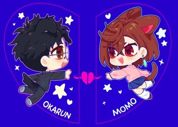 1boy 1girl animal_ears ayase_momo black_hair black_jacket black_pants blue_background blue_skirt brown_eyes brown_hair brown_shoes cat_ears cat_girl cat_tail character_name chibi chibi_only commentary_request crossed_bangs dandadan dog_boy dog_ears dog_tail earrings gakuran glasses hair_between_eyes highres jacket jewelry kemonomimi_mode medium_hair open_mouth outstretched_hand pants pink_sweater pleated_skirt red_eyes rubymin school_uniform shirt shirt_under_sweater shoes short_hair skirt smile socks sweater tail takakura_ken_(dandadan) white_shirt white_socks