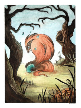 blue_eyes border commentary commentary_request dated english_commentary full_body gen_5_pokemon highres looking_at_viewer luckyfy mixed-language_commentary nintendo no_humans painting_(medium) pokemon pokemon_(creature) sharp_teeth teeth traditional_media tree watercolor_(medium) white_border zoroark