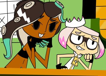 2girls artist_request bare_shoulders black_eyes brit_crust buck_teeth dark-skinned_female dark_skin fingerless_gloves gloves indoors inkling_player_character marina_(splatoon) mole mole_under_eye mole_under_mouth multiple_girls my_life_as_a_teenage_robot nintendo octoling octoling_player_character parody pearl_(splatoon) splatoon_(series) splatoon_2 teeth tiff_crust upper_body