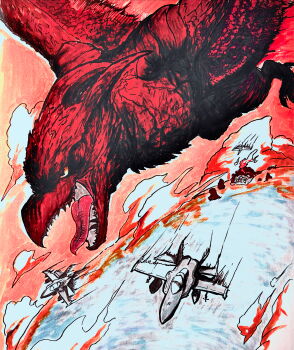 absurdres aircraft airplane battle dust fighter_jet fire flying godzilla:_king_of_the_monsters godzilla_(series) highres horns military_vehicle monster monsterverse open_mouth rodan rodan_(monsterverse) sky talons toho tongue tongue_out volcano wings