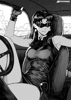 1girl breasts car_interior cloud commentary dress earrings fingerless_gloves gear_shift gloves greyscale hatching highres instagram_username jewelry katsuragi_misato medium_breasts medium_hair monochrome narrow_waist neon_genesis_evangelion ocean seveninks short_dress sitting solo steering_wheel sunglasses