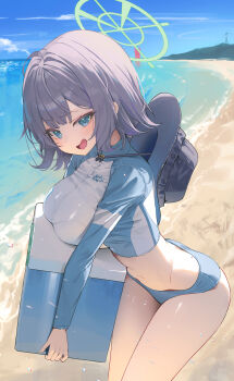 1girl absurdres beach bikini bikini_bottom_only blue_archive blue_bikini blue_eyes blue_sky blush box breast_rest breasts cloud cloudy_sky cropped_jacket day from_side green_halo halo highres holding holding_box horizon jacket kerno large_breasts looking_at_viewer multicolored_jacket navel official_alternate_costume open_mouth outdoors purple_hair raglan_sleeves rash_guard saki_(blue_archive) saki_(swimsuit)_(blue_archive) short_hair sky solo standing sweat swimsuit thighs two-tone_jacket