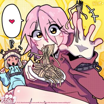 Rule 34 | 1boy, 1girl, cat, eating, flcl, food, hair between eyes, haruhara haruko, highres, hood, hoodie, issbrokie, nandaba naota, pasta, red hoodie, short hair, spaghetti, takkun (flcl), watermark