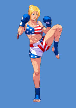Rule 34 | 1girl, abs, absurdres, american flag, american flag bra, american flag print, american flag shorts, armband, blonde hair, blue background, blue eyes, boxer, boxers, boxing gloves, bra, breasts, cirenk, collarbone, commission, elizabeth (rairyu), feet, fighting stance, flag print, hair bun, highres, large breasts, leg up, looking to the side, male underwear, midriff, muscular, muscular female, navel, original, ponytail, shiny skin, shorts, simple background, smile, solo, sports bra, standing, standing on one leg, thighs, toeless legwear, toes, underwear