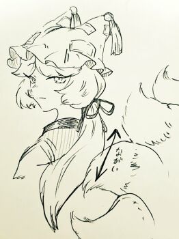 Rule 34 | 1girl, arrow (symbol), closed mouth, commentary request, foul detective satori, fox tail, hat, long hair, looking at viewer, menotama, mob cap, multi-source commentary, multiple tails, solo, tabard, tail, touhou, traditional media, yakumo ran