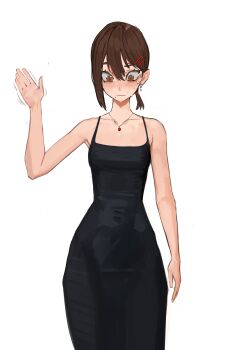 Rule 34 | 1girl, absurdres, black dress, blush, breasts, brown eyes, brown hair, chainsaw man, closed mouth, dress, earrings, embarrassed, hair ornament, hairclip, hand up, higashiyama kobeni, highres, jewelry, mole, mole under eye, mole under mouth, motion lines, narrow waist, necklace, ponytail, short hair, short ponytail, simple background, single sidelock, small breasts, solo, sweat, tefi blum, thick thighs, thighs, white background