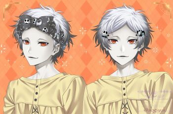 1boy alternate_costume aogiyuki commentary_request dual_persona formal_clothes highres jack_skellington looking_at_viewer male_focus orange_hair short_hair skully_j._graves smile solo suit the_nightmare_before_christmas twisted_wonderland white_hair