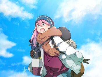 1girl backpack bag beanie black_gloves blue_eyes blue_hat brown_scarf camping day double-parted_bangs down_jacket gloves hair_between_eyes hair_over_shoulder hat highres jacket kagamihara_nadeshiko long_hair long_sleeves open_clothes open_jacket open_mouth outdoors pink_hair purple_shirt scarf shirt shoulder_bag signature sleeping_bag smile solo upper_body white_jacket yas_(yosiyasuyasu) yurucamp