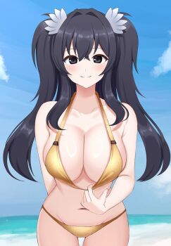 1girl bare_arms bare_shoulders bikini bikini_pull black_eyes black_hair blue_sky breasts cleavage closed_mouth clothes_pull collarbone cowboy_shot gold_bikini hair_ornament halterneck highres indie_virtual_youtuber large_breasts long_hair looking_at_viewer navel outdoors pulling_own_clothes sky smile solo stomach surippa1010 swimsuit two_side_up virtual_youtuber yamigafuchi_kaine