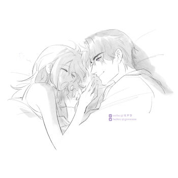 1boy 1girl blanket charlie_su closed_eyes closed_mouth couple eyelashes greenchou hetero light_and_night_love long_hair looking_at_another lying monochrome on_bed on_side open_mouth parted_bangs profile protagonist_(light_and_night_love) short_hair sketch smile square twitter_logo twitter_username upper_body watermark weibo_watermark yawning