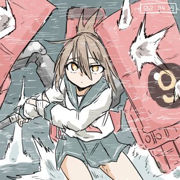 1girl armor brown_eyes brown_hair closed_eyes commentary cowboy_shot explosion expressionless female_focus folded_ponytail hair_between_eyes highres inazuma_(kancolle) kantai_collection long_hair long_sleeves looking_at_viewer machinery neckerchief ocean outdoors pleated_skirt poyo_(hellmayuge) red_neckerchief rigging school_uniform serafuku shirt skirt solo splashing timer torpedo torpedo_tubes v-shaped_eyebrows water white_shirt