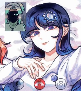 3girls blue_eyes blue_hair breasts cleavage closed_mouth cpc_(tkotu) dpp_(tkotu) green_eyes green_hair green_jacket hair_intakes half_updo hand_on_own_chest highres jacket jewelry kmt_(tkotu) large_breasts long_hair long_sleeves lying multiple_girls necklace on_back on_bed orange_hair partyhumans pov shaded_face smile sun_hair_ornament tkotu unamused very_long_hair video_call white_jacket yuri