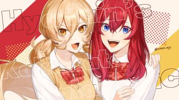 2girls :d ange_katrina blonde_hair blue_eyes bow bowtie breasts collared_shirt commentary_request double-parted_bangs eyelashes fang gradient_eyes hair_between_eyes hand_on_another&#039;s_arm hand_on_another&#039;s_shoulder hands_up highres hyadain_no_kakakata_kataomoi_-_c large_breasts light_blush lips long_bangs long_hair looking_at_viewer lower_teeth_only multicolored_eyes multiple_girls nijisanji nui_sociere official_alternate_costume official_art open_mouth orange_eyes plaid_bow plaid_bowtie plaid_clothes purple_eyes red_background red_bow red_bowtie red_hair romaji_text school_uniform shirt skin_fang small_breasts smile song_name sweater_vest teeth twitter_username upper_teeth_only very_long_hair virtual_youtuber white_shirt yellow_background yellow_sweater_vest zmzm_hiji