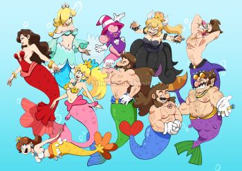 4boys 6+girls aaron_schmit absurdres alternate_species arm_hair armlet big_nose bowsette bracelet breasts chest_hair colored_skin crown fins flexing gloves hairy highres in-franchise_crossover jewelry large_breasts luigi mario mario_(series) medium_breasts mermaid mini_crown monster_girl multiple_boys multiple_girls muscular muscular_male new_super_mario_bros._u_deluxe nintendo paper_mario paper_mario:_the_thousand-year_door pauline_(mario) princess_daisy princess_peach purple_skin rosalina scylla shell_pasties spiked_armlet spiked_bracelet spikes striped_clothes striped_hat striped_headwear super_crown super_mario_galaxy super_mario_odyssey tentacles underwater vivian_(paper_mario) wario water white_gloves yellow_lips
