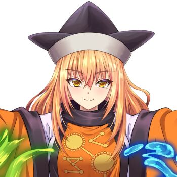 1girl black_hat blonde_hair breasts closed_mouth constellation_print detached_sleeves hair_between_eyes hat large_breasts light_blush long_hair looking_at_viewer matara_okina orange_sleeves orange_tabard print_tabard simple_background smile solo straight-on tabard td12734 touhou turtleneck upper_body white_background yellow_eyes