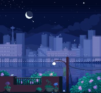 animated animated_gif bird building city cloud crescent_moon flickering flower flower_pot jubilee_(8pxl) lamppost landscape moon night night_sky no_humans outdoors pixel_art power_lines reflection seattle shooting_star sky skyline skyscraper space_needle train water