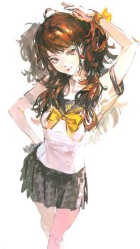 1girl black_sailor_collar black_skirt bow brown_eyes brown_hair closed_mouth earrings hand_on_own_hip highres jewelry kujikawa_rise lkppp long_hair looking_at_viewer persona persona_4 sailor_collar school_uniform shirt short_sleeves skirt smile solo stud_earrings twintails white_shirt yellow_bow