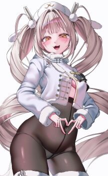 1girl absurdres black_pantyhose blanc_(fortune_express)_(nikke) blanc_(nikke) breasts coat commentary_request goddess_of_victory:_nikke grey_hair hat highres korean_commentary long_hair looking_at_viewer mimu_(cyus7328) official_alternate_costume official_alternate_hairstyle open_mouth panties panties_under_pantyhose pantyhose simple_background small_breasts solo twintails underwear very_long_hair white_background white_coat white_hat white_panties winter_clothes winter_coat yellow_eyes