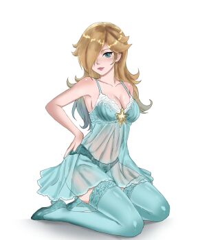 Rule 34 | 1girl, alishia art, aqua nightgown, aqua panties, aqua thighhighs, blonde hair, blue eyes, body blush, breasts, commentary, eyelashes, facing to the side, full body, hair over one eye, highres, kneeling, lace, lace-trimmed thighhighs, lace panties, lace trim, large breasts, looking at viewer, mario (series), navel, nightgown, nintendo, panties, pink lips, rosalina, see-through clothes, see-through nightgown, shiny skin, simple background, star (symbol), thighhighs, underwear, white background