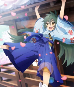 Rule 34 | 1girl, :d, architecture, blue hakama, blue kimono, clothing cutout, day, east asian architecture, falling petals, fang, floral print, floral print kimono, fujimaki minaki, game cg, green hair, hair between eyes, hakama, hip vent, japanese clothes, katana, kimono, lens flare, long hair, official art, open mouth, outdoors, outstretched arms, outstretched legs, petals, pink petals, print kimono, sheath, sheathed, short eyebrows, smile, socks, solo, sword, teeth, thick eyebrows, third-party source, toji no miko, toji no miko: kizamishi issen no tomoshibi, upper teeth only, weapon, white socks, yellow eyes