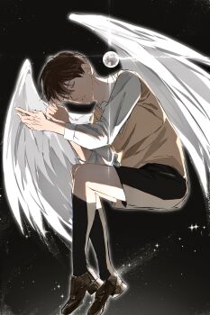1boy 8d2suga9 bad_feet black_shorts black_socks brown_hair collared_shirt commentary curled_up english_commentary feathered_wings floating full_body glint highres kim_dokja male_focus moon oldest_dream omniscient_reader&#039;s_viewpoint shirt short_hair shorts socks solo space vest white_shirt white_wings wings yellow_vest