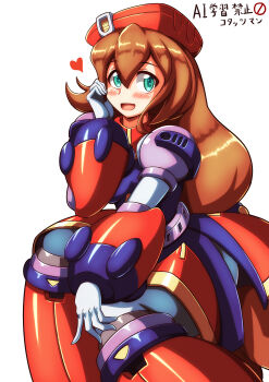 1girl absurdres android armor beret breasts brown_hair commentary dress english_commentary gloves green_eyes hat helmet highres iris_(mega_man) joints kotatuman_dash long_hair low-tied_long_hair medium_breasts mega_man_(series) mega_man_x4 mega_man_x_(series) red_armor red_hat red_helmet robot_girl robot_joints simple_background sitting smile solo very_long_hair white_gloves