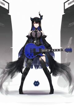 Rule 34 | 1girl, absurdres, asymmetrical horns, asymmetrical legwear, bare shoulders, black hair, blue hair, breasts, collared shirt, colored inner hair, demon horns, electric guitar, flower, full body, gibson les paul, gloves, guitar, hair ornament, highres, holding, holding guitar, holding instrument, hololive, hololive english, horn flower, horns, instrument, jailbird (nerissa ravencroft), large breasts, long hair, looking at viewer, low wings, mismatched legwear, mole, mole under eye, multicolored hair, nerissa ravencroft, nerissa ravencroft (1st costume), red eyes, reon (98109reon), shirt, solo, split-color hair, standing, thighhighs, two-tone hair, uneven horns, very long hair, virtual youtuber, wings