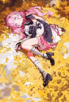 +_+ 1girl ahoge encore_(wuthering_waves) blush bow dress hair_ornament highres long_hair looking_at_viewer low_twintails lying on_side open_mouth pink_hair pink_skirt purple_eyes ribbon skirt socks solo tatatsu thighs twintails white_socks wuthering_waves