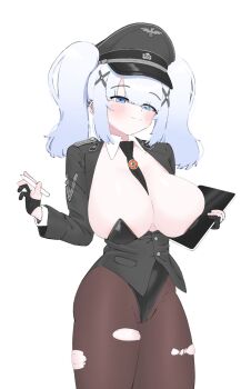 1girl artist_glove between_breasts black_cat03 black_gloves black_hat black_jacket black_leotard black_necktie blue_eyes blue_hair blush breasts brown_pantyhose closed_mouth drawing_tablet gloves gradient_hair hair_ornament hat highleg highleg_leotard highres holding holding_drawing_tablet holding_stylus huge_breasts jacket large_breasts leotard leotard_under_clothes military_dress_uniform military_uniform multicolored_hair nazi necktie necktie_between_breasts original pantyhose peaked_cap simple_background skindentation solo ss_insignia ss_uniform stylus swastika torn_clothes torn_pantyhose totenkopf twintails waffen-ss white_background x_hair_ornament