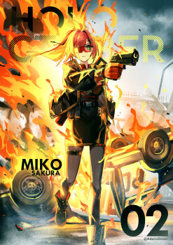 Rule 34 | 1girl, absurdres, adarin, ahoge, aiming, alternate costume, belt, black belt, black jacket, black pantyhose, boots, burning, car, character name, commentary request, fiery background, finger on trigger, fire, full body, gloves, grand theft auto, grand theft auto v, green eyes, gun, hair ornament, hairclip, handgun, highres, holding, holding gun, holding weapon, hololive, hololive grand theft auto, jacket, motor vehicle, one eye covered, overturned car, pantyhose, pencil skirt, pink hair, police, police car, police uniform, ponytail, red-tinted eyewear, red gloves, red shirt, sakura miko, shirt, skirt, solo, sunglasses, thai commentary, tinted eyewear, virtual youtuber, weapon