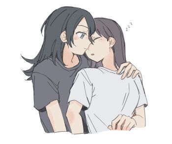 2girls bang_dream! bang_dream!_it&amp;#039;s_mygo!!!!! black_hair blue_eyes brown_hair closed_eyes closed_mouth commentary grey_shirt hand_on_another&amp;#039;s_shoulder hashtag-only_commentary highres jenjen long_hair mole mole_under_eye multiple_girls parted_lips shiina_taki shirt simple_background sleeping smile upper_body white_background white_shirt yahata_umiri yuri zzz