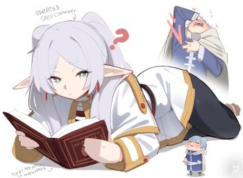 1boy 1girl absurdres aroused_nosebleed black_pantyhose blood blue_hair blue_shirt book cape capelet chibi closed_mouth commentary elf english_text frieren green_eyes heart highres himmel_(sousou_no_frieren) holding holding_book long_hair long_sleeves looking_at_another lying nosebleed on_side open_book open_mouth pantyhose pointy_ears reading robe ryzz_ryzz shirt short_hair simple_background sousou_no_frieren thick_eyebrows twintails white_background white_cape white_capelet white_hair white_robe