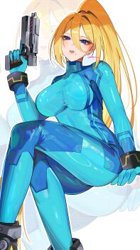 Rule 34 | 1girl, absurdres, blonde hair, blue bodysuit, blue eyes, bodysuit, breasts, crossed legs, gun, handgun, high ponytail, highres, holding, holding gun, holding weapon, large breasts, long hair, looking at viewer, metroid, mole, mole under mouth, nintendo, parted lips, ponytail, samus aran, simple background, sitting, skin tight, solo, super smash bros., very long hair, weapon, yasaikakiage, zero suit, zoom layer