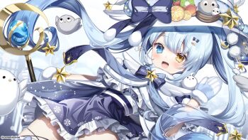 Rule 34 | 1girl, black bow, black bowtie, black skirt, blue eyes, blue hair, borrowed character, bow, bowtie, chi no, commentary, commission, crescent, frilled skirt, frills, hair ornament, heterochromia, highres, long hair, mittens, original, skeb commission, skirt, solo, staff, star ornament, symbol-only commentary, twintails, virtual youtuber, white mittens, yellow eyes