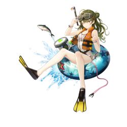 Rule 34 | 1girl, alternate costume, alternate hairstyle, artist request, bare arms, bare legs, bare shoulders, belt, black belt, bracelet, collar, collarbone, collared vest, english text, final gear, fish, flippers, frown, full body, goggles, green eyebrows, grey eyes, grey hair, hair bun, highres, holding, holding goggles, innertube, jewelry, life vest, long hair, no socks, official alternate costume, official art, one-piece swimsuit, one eye closed, orange collar, orange vest, rinbell (final gear), simple background, sitting, slashing, snorkel, snorkel mask, solo, star (symbol), star print, sweatdrop, swim ring, swimsuit, tachi-e, text print, third-party source, transparent background, vest, water, whistle, whistle around neck, white one-piece swimsuit