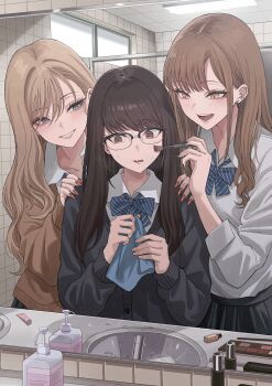 3girls absurdres bathroom black_hair black_sweater blonde_hair blue_bow bow bowtie brown_hair brown_sweater commentary_request glasses grin highres indoors makeup mirror miyabino_(miyabi1616) multiple_girls nail_polish nervous open_mouth original school_uniform shirt smile striped_bow striped_bowtie striped_clothes sweater white_shirt