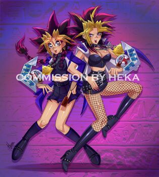 Rule 34 | 2girls, ankh, artist name, belt, black shoes, blonde hair, blue jacket, boots, braid, braided ponytail, braided twintails, breasts, choker, crop top, duel disk, ear piercing, earrings, fishnet pantyhose, fishnets, genderswap, genderswap (mtf), heka (mentakoy2k), hieroglyphics, high heel boots, high heels, jacket, jewelry, knee boots, kneehighs, large breasts, leather, leather boots, medium breasts, millennium puzzle, miniskirt, multicolored hair, multiple belts, multiple girls, muto yugi, necklace, open mouth, pantyhose, piercing, shoes, skirt, socks, spiked hair, studded belt, tagme, tareme, tsurime, watermark, yami yugi, yu-gi-oh!