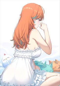 1girl absurdres ahoge arm_between_legs back breasts commentary earrings english_commentary fox from_behind green_hair hair_ornament hairclip highres hololive hololive_english jewelry large_breasts long_hair looking_at_viewer looking_back multicolored_hair orange_hair pajamas purple_eyes resu_desu sitting sleepy sleeveless solo takanashi_kiara virtual_youtuber wariza white_pajamas