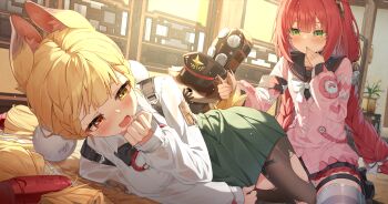 2girls absurdres alice_thymefield animal_ear_fluff animal_ears black_hat black_pantyhose blonde_hair blush bow braid breasts covering_own_mouth fang grabbing_another&#039;s_tail green_eyes green_skirt hair_bow hair_ornament hat highres jacket large_breasts looking_at_viewer low_twin_braids maeru multiple_girls open_mouth pantyhose pink_hair pink_jacket rabbit_ears rabbit_girl rabbit_tail short_hair skin_fang skirt small_breasts smile sphere_hair_ornament tail thigh_strap torn_clothes torn_pantyhose twin_braids ukinami_yuzuha unworn_hat unworn_headwear white_bow yellow_eyes zenless_zone_zero