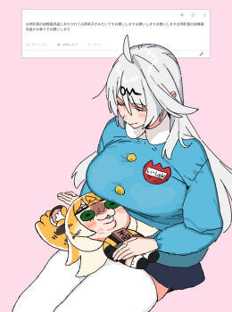 Rule 34 | 2girls, absurdres, ahoge, alternate costume, andii (anzai teachco), anger vein, animal ear fluff, animal ears, arm support, blonde hair, blue shirt, blush, breasts, closed eyes, closed mouth, collared shirt, colored inner hair, commentary request, cowboy shot, green eyes, hair between eyes, hair ornament, hairpin, highres, jacket, ju fufu, large breasts, long hair, lying on lap, medallion, multicolored hair, multiple girls, orange fur, pink background, rounded collar, shirt, single hair intake, striped fur, striped hair, tail, thighhighs, tiger ears, tiger girl, tiger stripes, tiger tail, white hair, white thighhighs, yellow jacket, yixuan (zenless zone zero), zenless zone zero