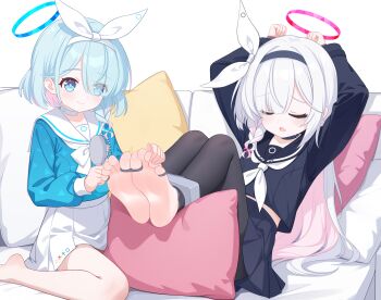 2girls absurdres arms_up arona_(blue_archive) barefoot black_choker black_hairband black_pantyhose black_sailor_collar black_serafuku black_shirt black_skirt blue_archive blue_eyes blue_hair blue_halo blue_pupils blue_shirt bound bound_toes bow braid chinese_commentary choker closed_eyes closed_mouth colored_inner_hair commentary_request couch eugenecolin eyes_visible_through_hair feet foot_focus foreshortening hair_bow hair_brush hair_over_one_eye hairband halo highres holding holding_hair_brush large_variant_set long_hair long_sleeves medium_hair miniskirt multicolored_hair multiple_girls neckerchief on_couch open_mouth pantyhose pink_hair plana_(blue_archive) pleated_skirt puffy_long_sleeves puffy_sleeves red_halo sailor_collar sailor_shirt school_uniform serafuku shirt side_braid single_braid skirt smile soles toes torn_clothes torn_pantyhose two-tone_hair variant_set white_bow white_choker white_hair white_hairband white_neckerchief white_sailor_collar white_skirt