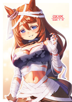 1girl animal_ears bandage_on_hair bandaged_arm bandaged_hand bandaged_head bandaged_torso bandages bandeau bare_shoulders blue_eyes blush breasts brown_hair cleavage collar commentary_request creape ear_scrunchie frilled_collar frills hair_between_eyes halloween halloween_costume highres horse_ears horse_girl horse_tail large_breasts long_hair looking_at_viewer mummy_costume navel official_alternate_costume open_mouth purple_bandeau purple_nails smile solo stomach super_creek_(chiffon-wrapped_mummy)_(umamusume) super_creek_(umamusume) tail torn_bandages torn_bandeau umamusume very_long_hair